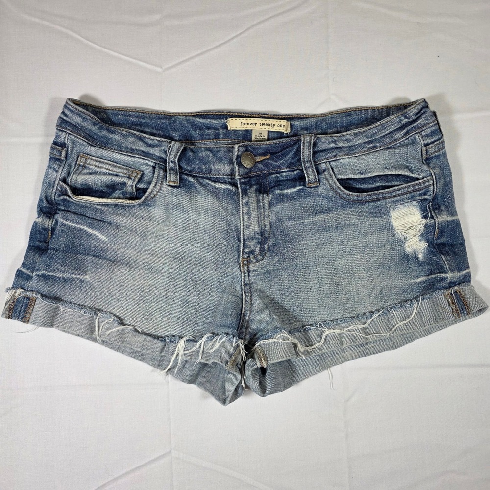 Forever 21 Distressed Denim Shorts Medium Wash Low Rise Cuffed Frayed Size 28